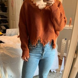 Frayed Trim Drop Shoulder Sweater
